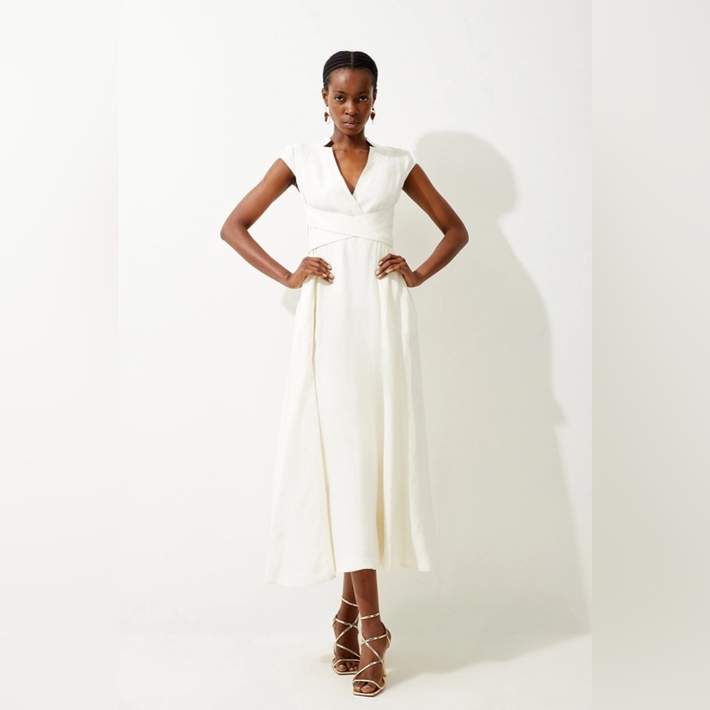 NWT Karen Millen Premium Linen V Neck Wrap Detail Woven Midi Dress Sz 4 Ivory
